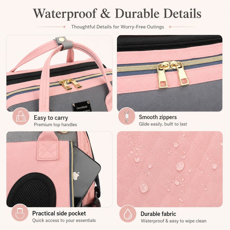 GroveMade Baby Diaper Bag Backpack - Pink & Gray, Multifunction Diapers Changing Station for Boys Girls, Spacious 46x36x9 cm, 15 kg Capacity, USB Port, Travel Friendly - Image 5
