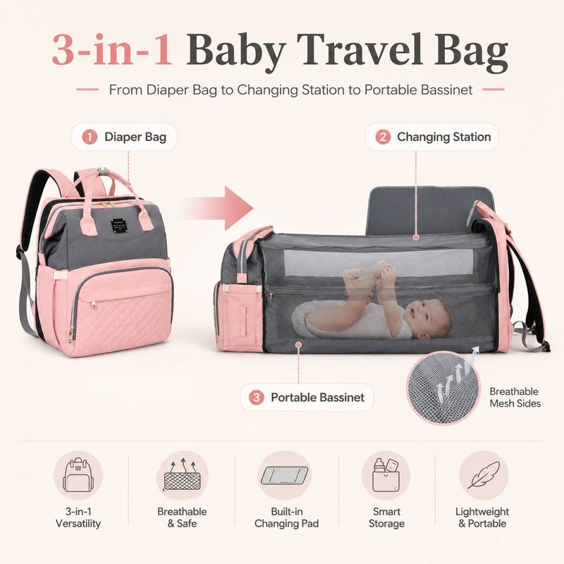 GroveMade Baby Diaper Bag Backpack - Pink & Gray, Multifunction Diapers Changing Station for Boys Girls, Spacious 46x36x9 cm, 15 kg Capacity, USB Port, Travel Friendly - Image 2