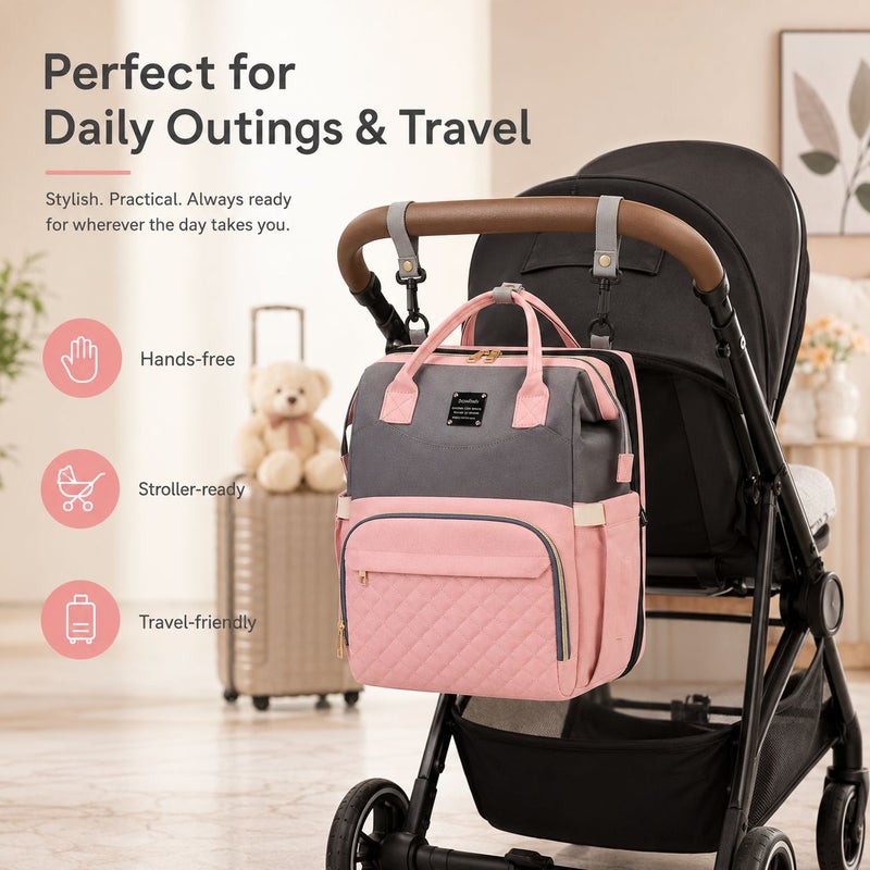 GroveMade Baby Diaper Bag Backpack - Pink & Gray, Multifunction Diapers Changing Station for Boys Girls, Spacious 46x36x9 cm, 15 kg Capacity, USB Port, Travel Friendly - Image 3