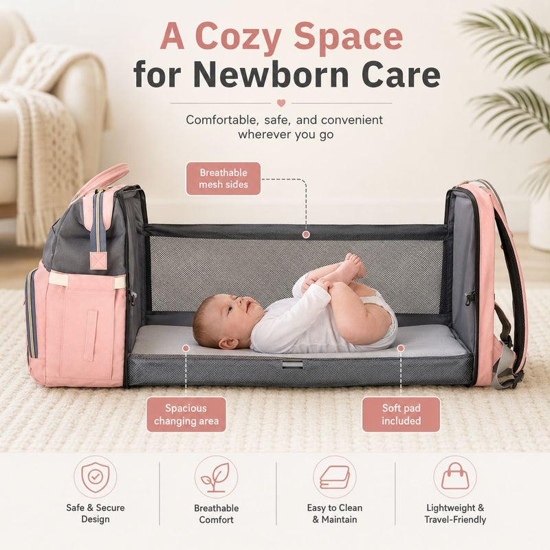 GroveMade Baby Diaper Bag Backpack - Pink & Gray, Multifunction Diapers Changing Station for Boys Girls, Spacious 46x36x9 cm, 15 kg Capacity, USB Port, Travel Friendly - Image 1