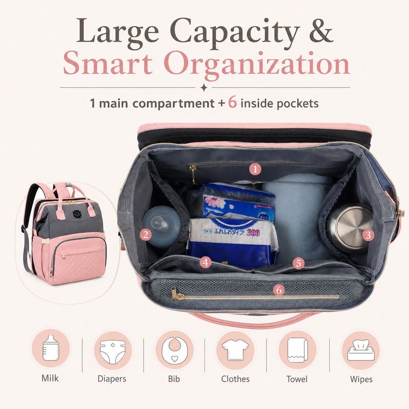 GroveMade Baby Diaper Bag Backpack - Pink & Gray, Multifunction Diapers Changing Station for Boys Girls, Spacious 46x36x9 cm, 15 kg Capacity, USB Port, Travel Friendly - Image 4