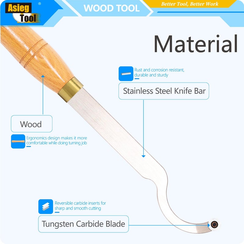 Asieg Tool Swan Neck Hollower Carbide Tipped Wood Turning Tools Bended Lathe Chisel Tool Bar with Ci3 12mm Round Carbide Insert Cutter for Wood Hobbyist or DIY or Carpenterï¼Œ19.68Inches - Image 3