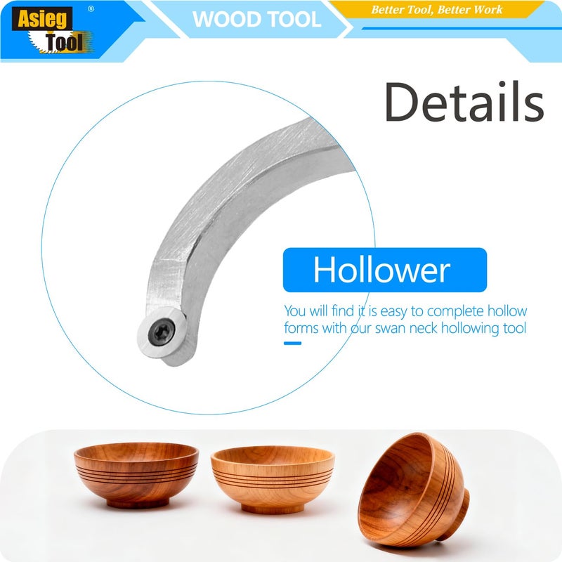 Asieg Tool Swan Neck Hollower Carbide Tipped Wood Turning Tools Bended Lathe Chisel Tool Bar with Ci3 12mm Round Carbide Insert Cutter for Wood Hobbyist or DIY or Carpenterï¼Œ19.68Inches - Image 4