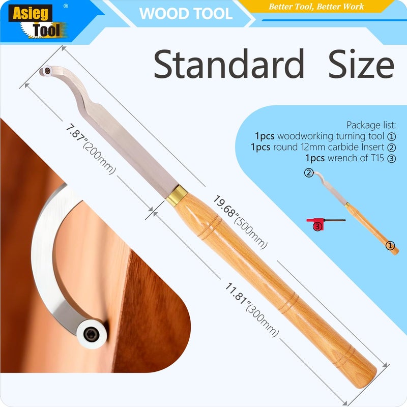 Asieg Tool Swan Neck Hollower Carbide Tipped Wood Turning Tools Bended Lathe Chisel Tool Bar with Ci3 12mm Round Carbide Insert Cutter for Wood Hobbyist or DIY or Carpenterï¼Œ19.68Inches - Image 2