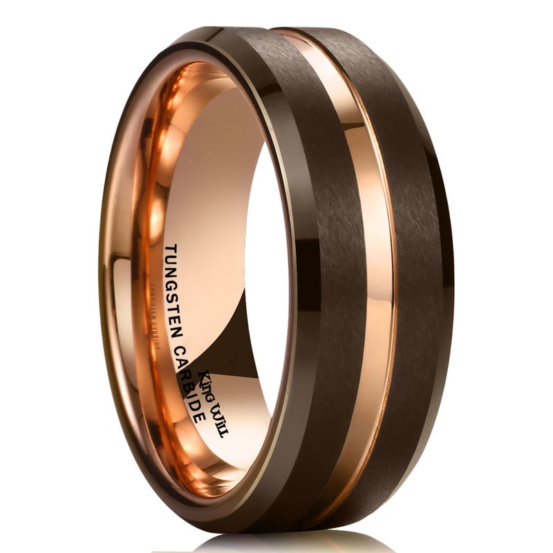 King Will Tungsten Carbide Wedding Band for Men Women-8mm Width in Brown with Grooved Center Wedding Ring Matte Finished Suitable for Work, Gym Comfort Fit Size 9 - Image 1