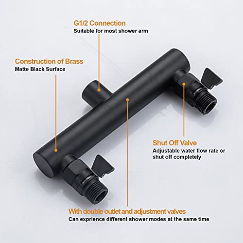 AZOS Black Double Outlet Manifold with Brass Shut Off Valves, Bathroom Two Fixed Shower Head Manifold - Can Connect 2-Showerheads - All Brass Adapter, Double Enjoyment - Image 3