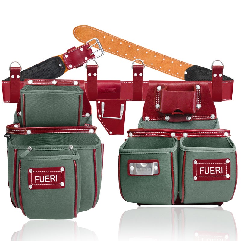FUERI Tool Belt Heavy Duty Nylon Leather Carpenters Tool Pouches Bags Organizer for Men Construction Electricians Framers Ironworkers Women