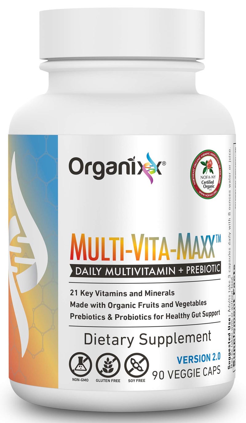 Organixx Organixx Vegan Multivitamin for Women Men Prebiotic with Vitamin C D3 Vitamin B Complex Probiotics Organic Fruits and Vegetables Supports Digestive Gut Health Immune Support 90 Gel Capsules