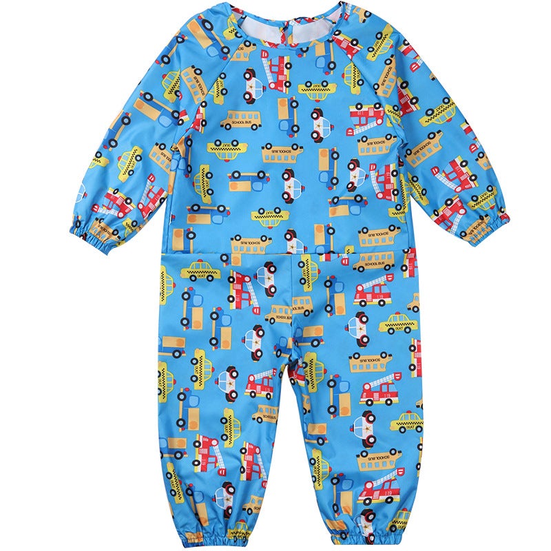 Cross-border supply of goods full of conjoined childrens overalls for boys and girls baby overalls waterproof painting clothes playing sand clothes anti-dressing Blue Car 