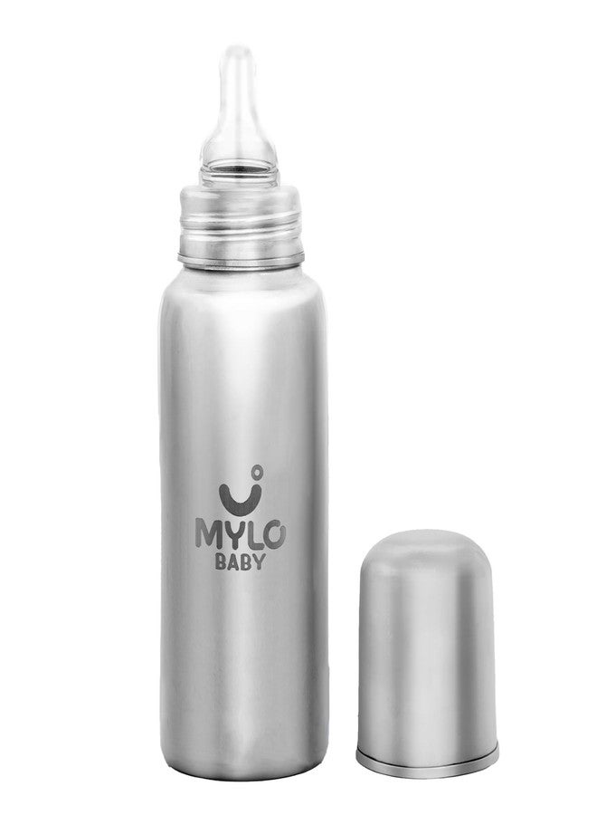 MYLO زجاجة رضاعة وكوب مايلو للأطفال من الفولاذ المقاوم للصدأ | خالية من مادة BPA | مضادة للمغص | مصنوعة من مواد آمنة غذائياً بنسبة 100% | زجاجة رضاعة للأطفال بملمس طبيعي | غير سامة ومقاومة للصدأ (ستانلس ستيل، 250 مل) - Image 1