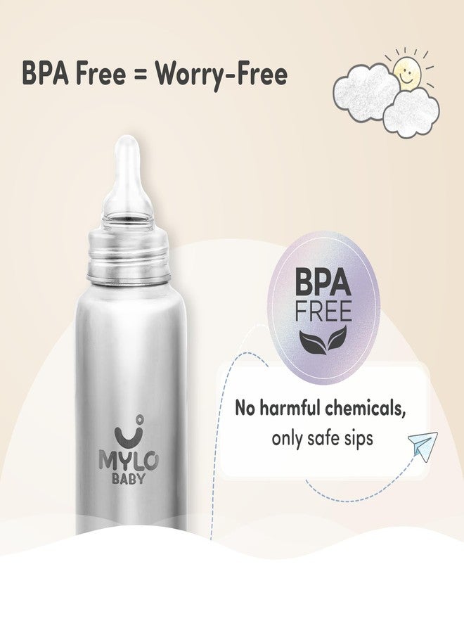 MYLO زجاجة رضاعة وكوب مايلو للأطفال من الفولاذ المقاوم للصدأ | خالية من مادة BPA | مضادة للمغص | مصنوعة من مواد آمنة غذائياً بنسبة 100% | زجاجة رضاعة للأطفال بملمس طبيعي | غير سامة ومقاومة للصدأ (ستانلس ستيل، 250 مل) - Image 5