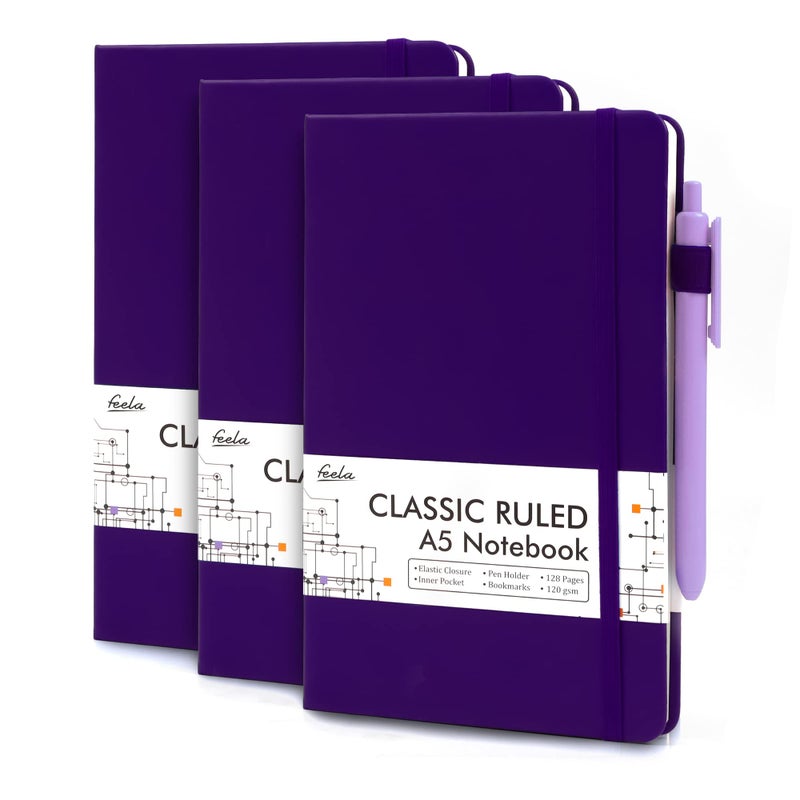 feela 3 Pack Notebooks Journals Bulk, Hardcover Notebook Classic Ruled Lined Journal Set with Pen Holder for Work Business Journaling Note Taking, with 3 Black Pens, 120 GSM, 5.1â€x8.3â€, A5, Purple - Image 1