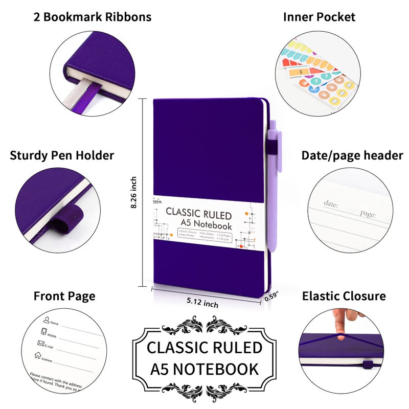 feela 3 Pack Notebooks Journals Bulk, Hardcover Notebook Classic Ruled Lined Journal Set with Pen Holder for Work Business Journaling Note Taking, with 3 Black Pens, 120 GSM, 5.1â€x8.3â€, A5, Purple - Image 2