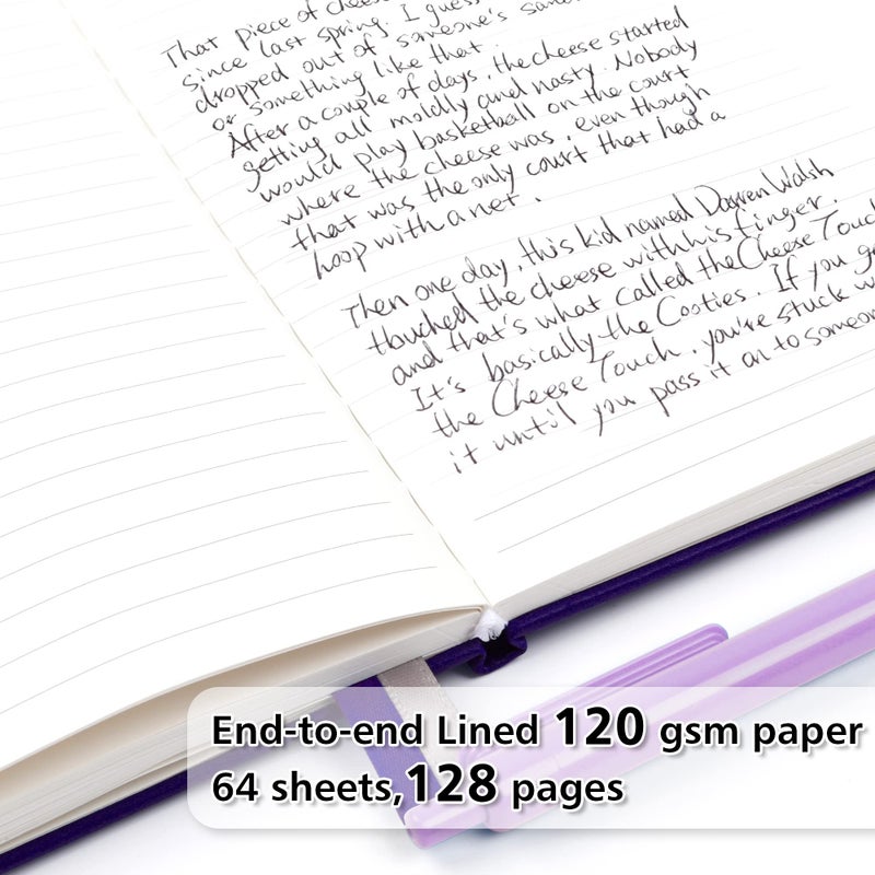 feela 3 Pack Notebooks Journals Bulk, Hardcover Notebook Classic Ruled Lined Journal Set with Pen Holder for Work Business Journaling Note Taking, with 3 Black Pens, 120 GSM, 5.1â€x8.3â€, A5, Purple - Image 3
