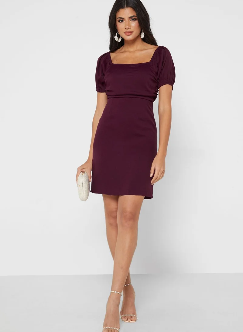 FabAlley Wine Puff Sleeve Back Cut Out Dress