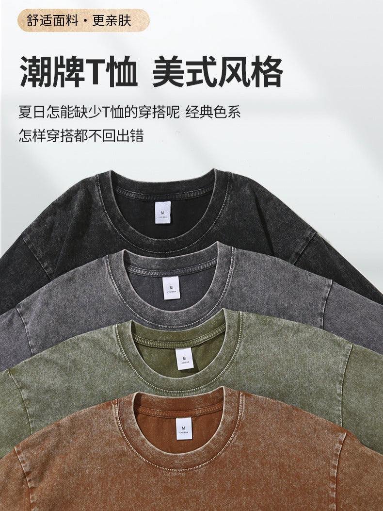 American Retro 250G Pure Cotton Washed Vintage T-Shirt For Men, Loose Fit, Drop Shoulder, Base Layer Shirt, Trendy Brand Short-Sleeve Men'S T-Shirt - Image 3