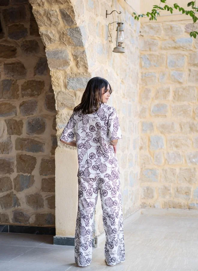 sanskrutihomes White Fruit Print Cotton Shirt and Pyjama Set