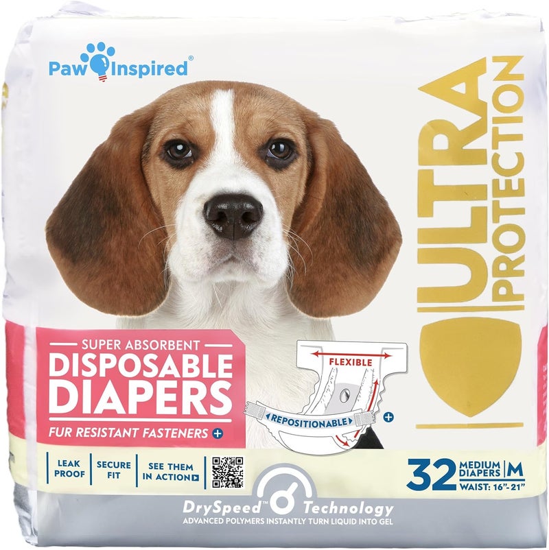 Paw Inspired مناديل صحية للكلاب قابلة للتخلص من ماركة Paw Inspired، سعة 32 قطعة | مناديل صحية للكلاب الإناث بحماية فائقة | مناسبة للكلاب في فترة الحرارة، أو التي تعاني من مشاكل في التبول أو عدم القدرة على التحكم في التبول (متوسطة الحجم) - Image 1