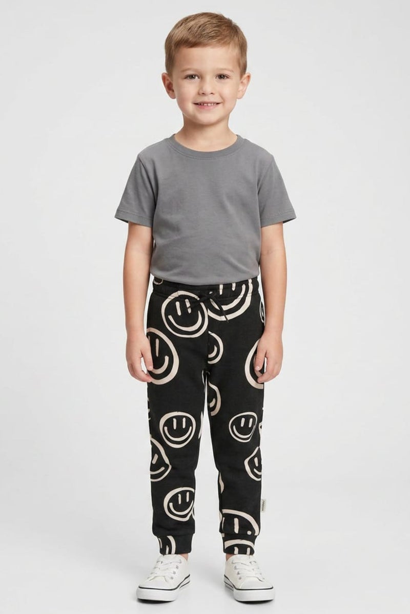 brooklyn Kids Boy Drawstring Allover Print Jogger Pants, Black - Image 1