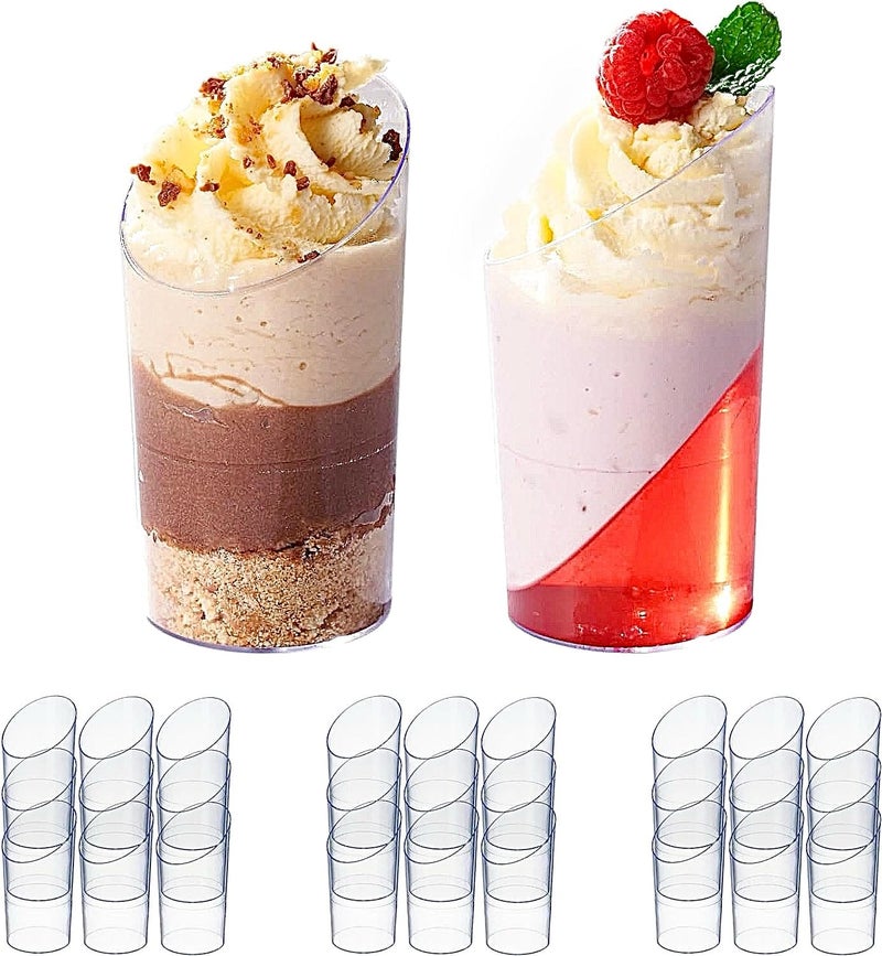 MATANA 100 Mini Clear Hard Plastic Dessert Cups for Parties Angled Round 70ml  Elegant  Reusable Individual Dessert Pots for Cheesecake Jelly Puddings Mousse Tiramisu Trifles