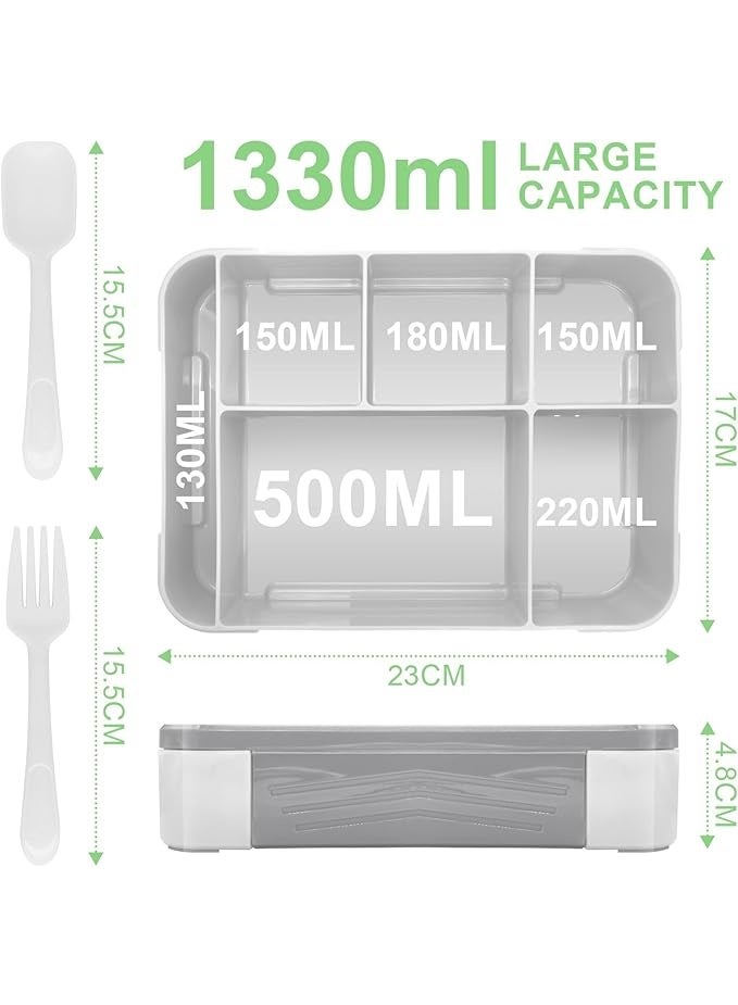Lunch Box for Kids & Adults, Rectangular, Grey, 1330 ml, 6 Compartments, Leak-proof, Microwave & Dishwasher Safe(Grey) - Image 2