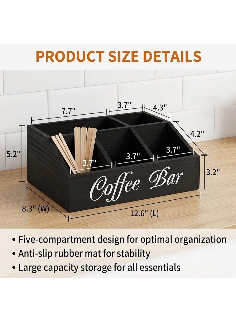 Solane Rustic Coffee Bar Organizer – Wooden Coffee Station Storage Basket for Capsules, Tea & Spices – Farmhouse Countertop Decor Accessory - Black - Image 3
