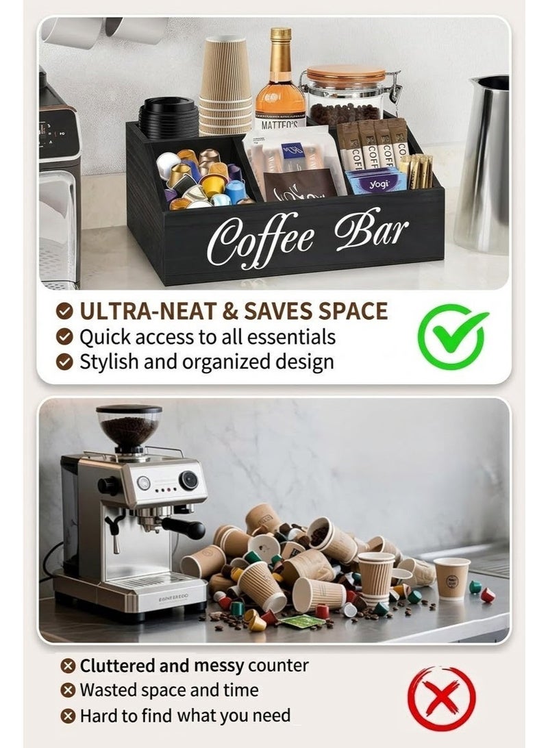 Solane Rustic Coffee Bar Organizer – Wooden Coffee Station Storage Basket for Capsules, Tea & Spices – Farmhouse Countertop Decor Accessory - Black - Image 2