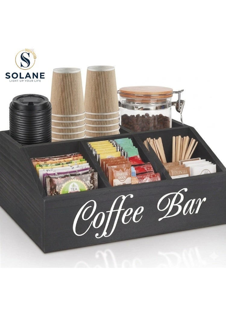 Solane Rustic Coffee Bar Organizer – Wooden Coffee Station Storage Basket for Capsules, Tea & Spices – Farmhouse Countertop Decor Accessory - Black - Image 1