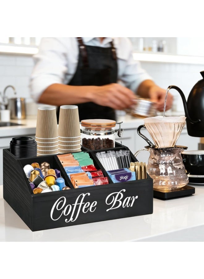 Solane Rustic Coffee Bar Organizer – Wooden Coffee Station Storage Basket for Capsules, Tea & Spices – Farmhouse Countertop Decor Accessory - Black - Image 5