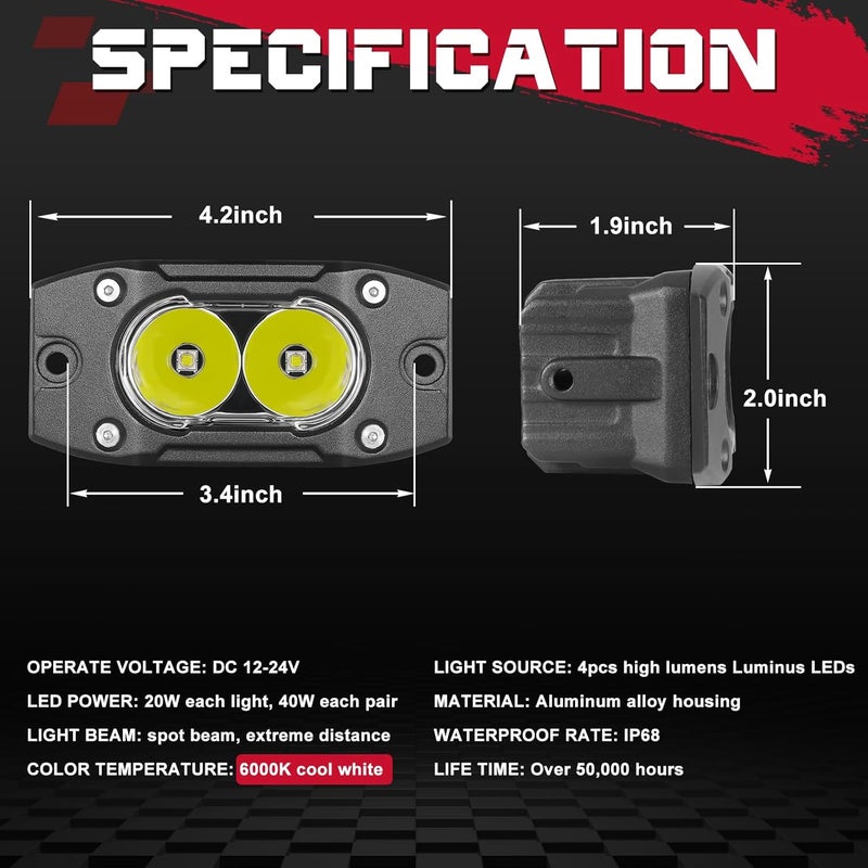 OFFROADTOWN Flush Mount LED Pods - 2PCS 40W Spot Offroad Driving Lights for Trucks, UTV, SUV, ATV - Image 2