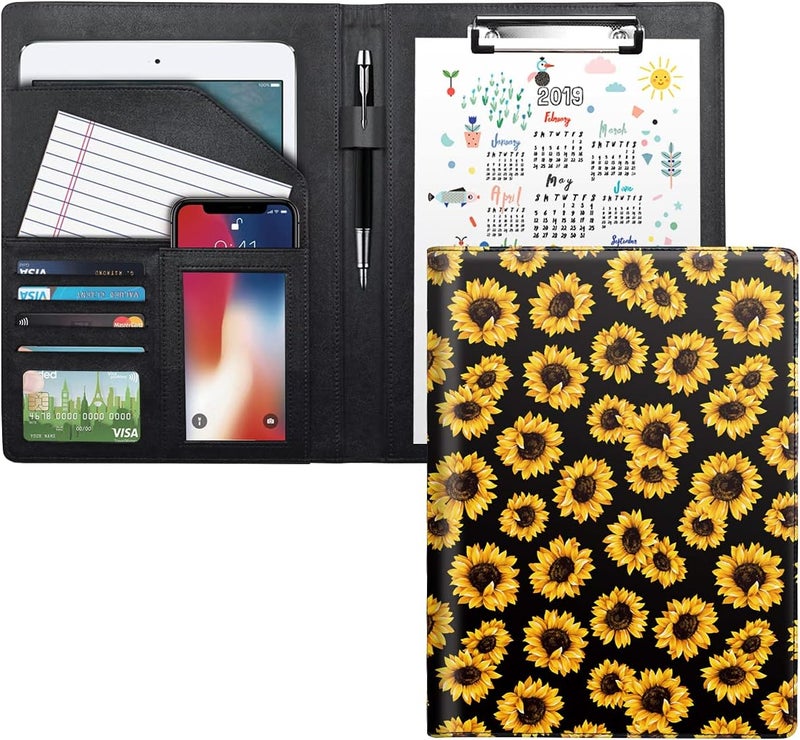 WAVEYU Portfolio Case for Women, Cute Padfolio Cover Folder, Conference/Resume/Legal Document Organizer with Letter/A4 Size Clipboard Hardboard, Business Card Holders, Document Sleeve, Sunflower - Image 1