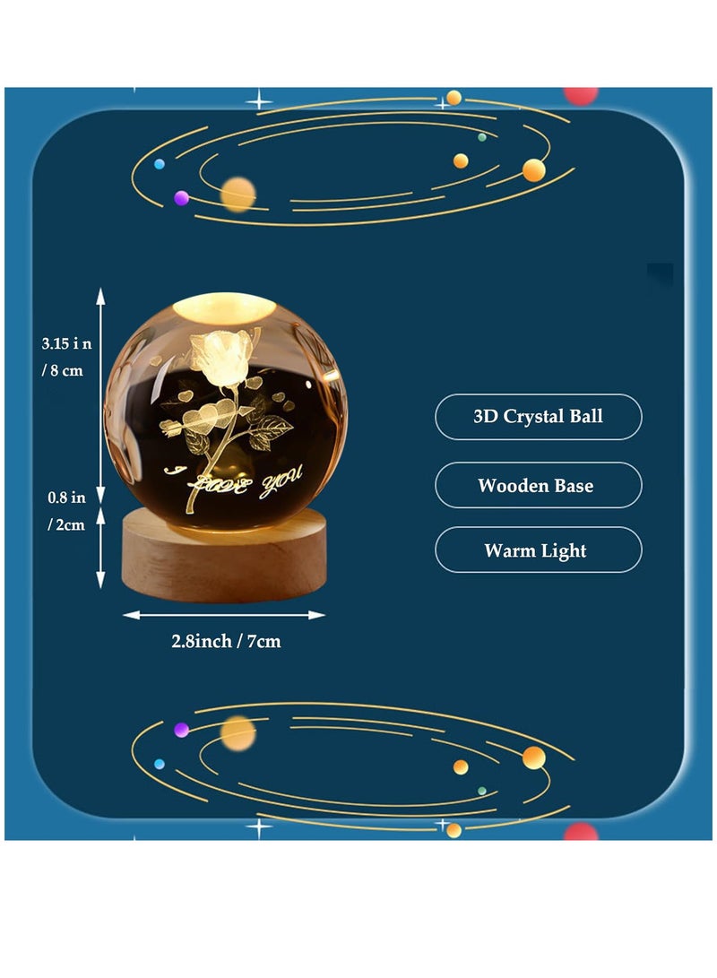 3D Rose Crystal Ball Kids Night Light Glass Ball Night Light with Wooden Base Fantasy Decoration Crystal Ball Gift LED Galaxy Planet Night Light Birthday Gift（rose flower） - Image 2