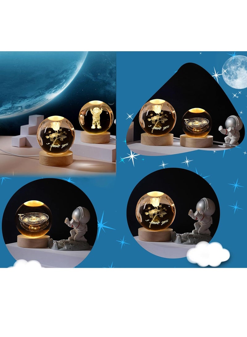 3D Rose Crystal Ball Kids Night Light Glass Ball Night Light with Wooden Base Fantasy Decoration Crystal Ball Gift LED Galaxy Planet Night Light Birthday Gift（rose flower） - Image 5