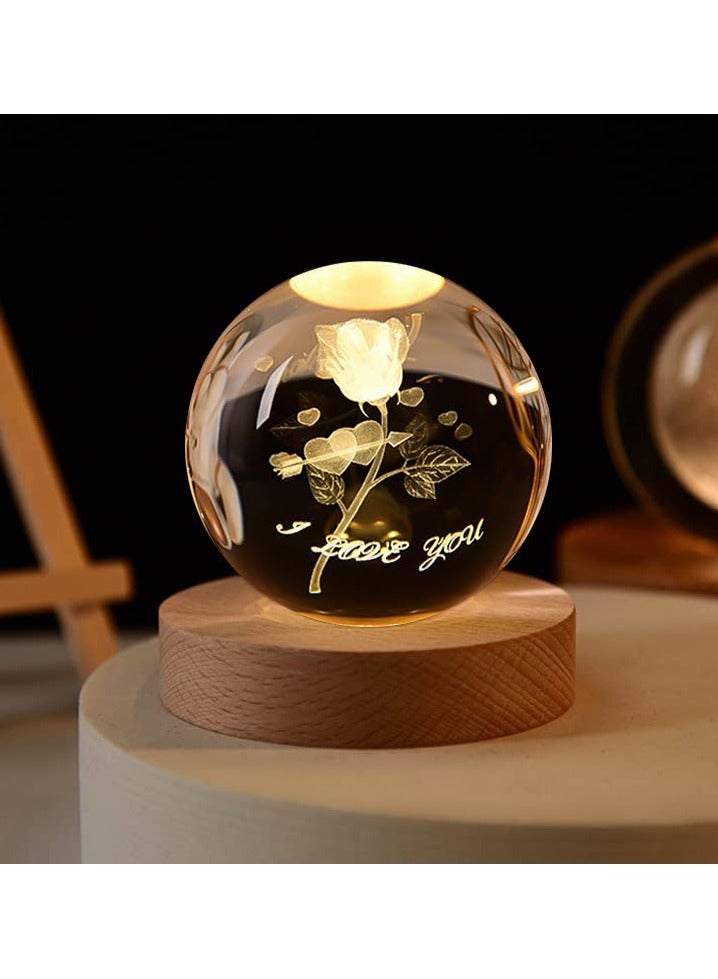 3D Rose Crystal Ball Kids Night Light Glass Ball Night Light with Wooden Base Fantasy Decoration Crystal Ball Gift LED Galaxy Planet Night Light Birthday Gift（rose flower） - Image 1