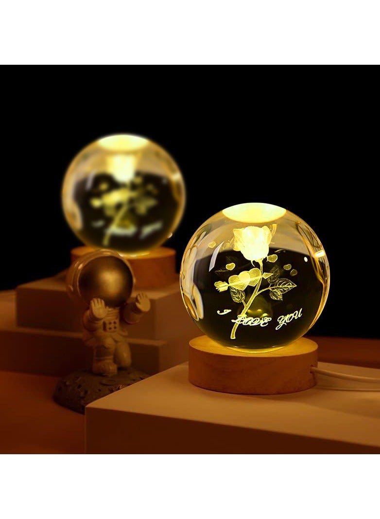 3D Rose Crystal Ball Kids Night Light Glass Ball Night Light with Wooden Base Fantasy Decoration Crystal Ball Gift LED Galaxy Planet Night Light Birthday Gift（rose flower） - Image 4