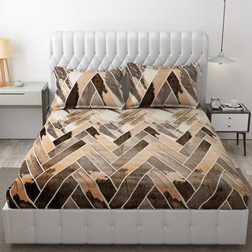 DECOREZA Super Warm Elastic Fitted Warm Flannel Bedsheet King Size Warm Velvet Bedsheet for Winter Double Bed | 2 Pillow Covers, Size - 72 x 78 Inches (Cream N Brown) - Image 2