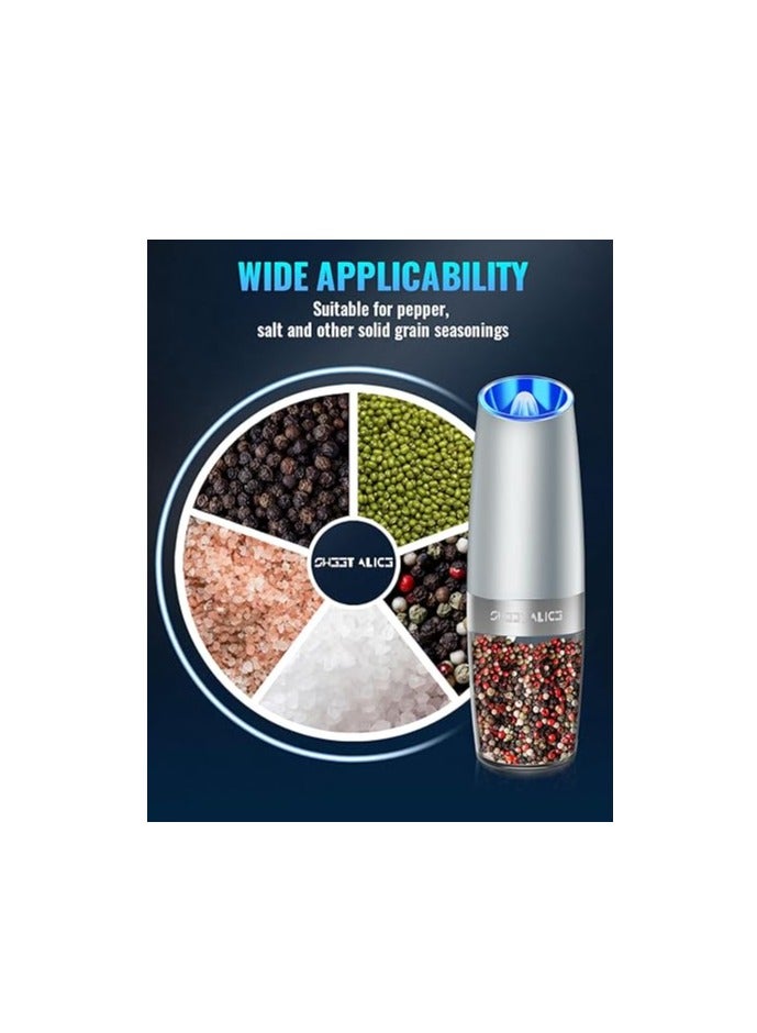 Sweet Alice Gravity Electric Pepper and Salt Grinder Set, Adjustable Coarseness, Battery Powered with LED Light, One Hand Automatic Operation, Light Grey, 2 Pack - Image 5