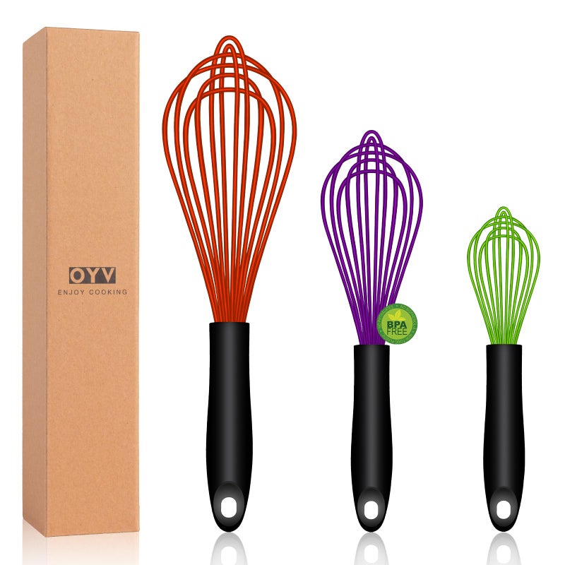 Oyv Dishwasher Safe Multicolor Silicone Whisk  Sealed Waterproof Design Set Of 3  Professional Kitchen Whisks For Cooking Non-Scratch  Silicone & Stainless Steel Whisk  Heat Resistant Egg Beater - Image 1