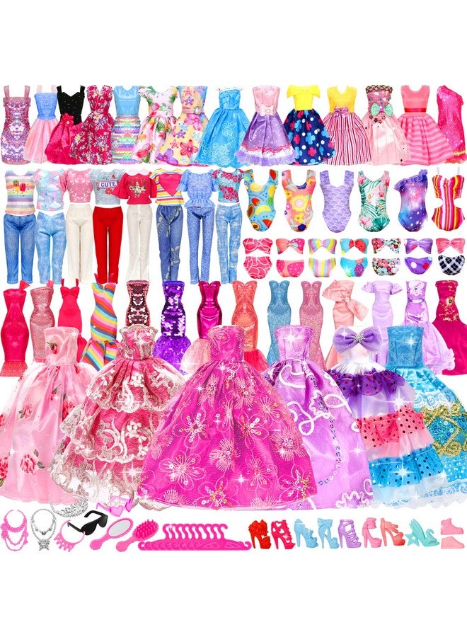 Bymore 58 Pcs Doll Clothes And Accessories, 5 Wedding Gowns 5 Fashion Dresses 4 Slip Dresses 3 Tops 3 Pants 3 Bikini Swimsuits 20 Shoes For 11.5 Inch Doll Christmas Stocking Stuffers Girls Gift Age 5 7 8 10 - Image 1