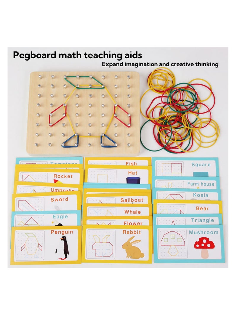 NOVOLAN NOVOLAN Wooden Geoboard for Geometry Learning, Educational Math Manipulatives with 30 Double-Sided English Word Pattern Card, Shape Puzzle Matrix Size 17.5x13.5cm, Parent-Child Interactive Games  - Image 2