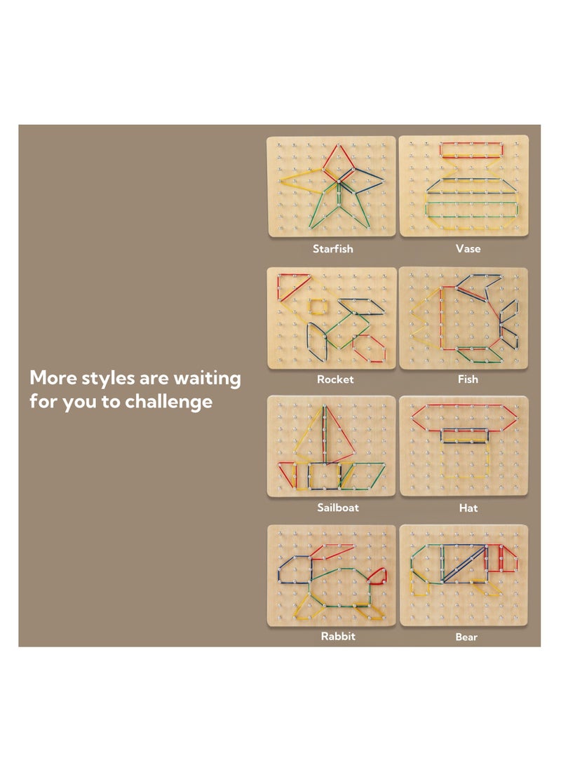 NOVOLAN NOVOLAN Wooden Geoboard for Geometry Learning, Educational Math Manipulatives with 30 Double-Sided English Word Pattern Card, Shape Puzzle Matrix Size 17.5x13.5cm, Parent-Child Interactive Games  - Image 4