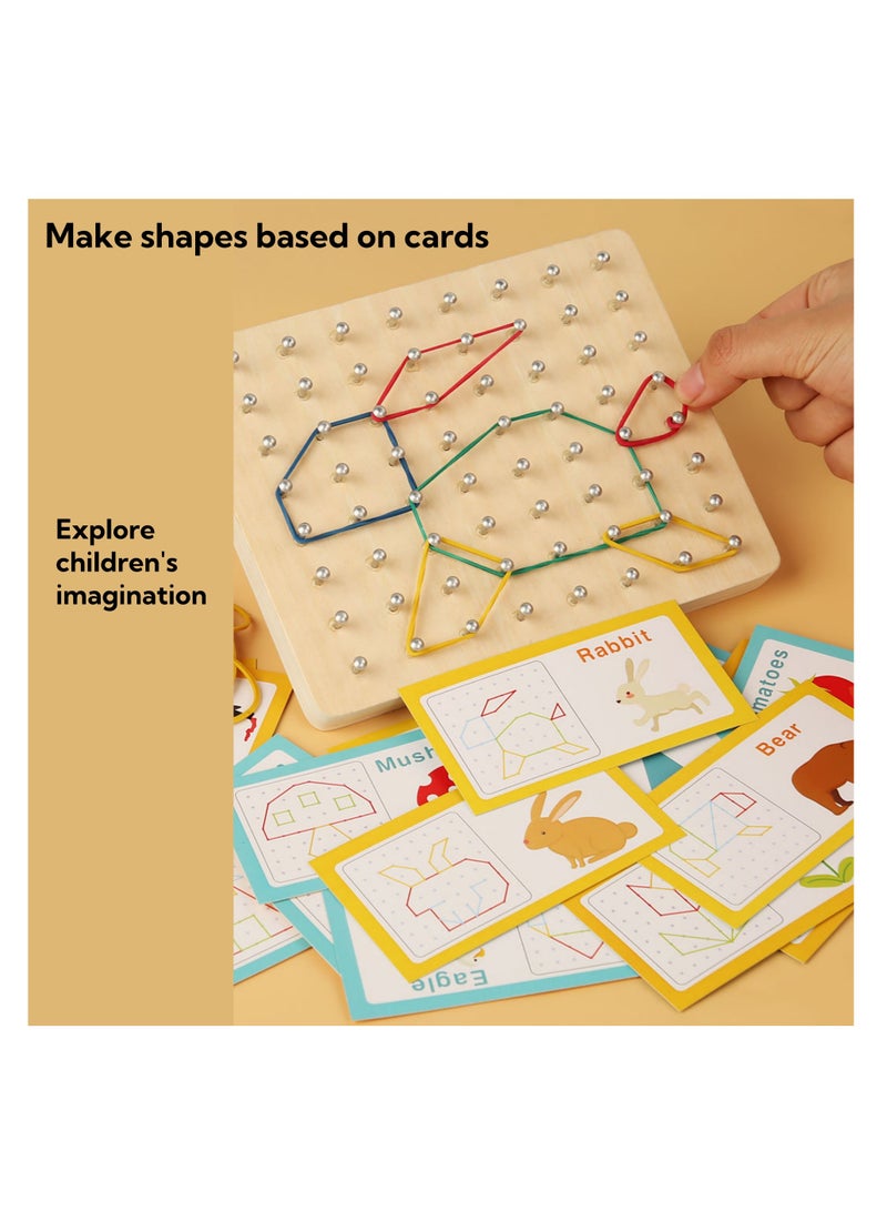 NOVOLAN NOVOLAN Wooden Geoboard for Geometry Learning, Educational Math Manipulatives with 30 Double-Sided English Word Pattern Card, Shape Puzzle Matrix Size 17.5x13.5cm, Parent-Child Interactive Games  - Image 3