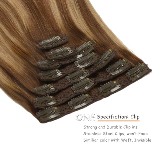 Caliee Hair Extensions Clip in Human Hair Ombre Chocolate Brown #4 to Chocolate Brown #4 and Caramel Blonde #27 with Lace Straight Real Human hair, 120g, 7Pcs 14 inch - Image 3