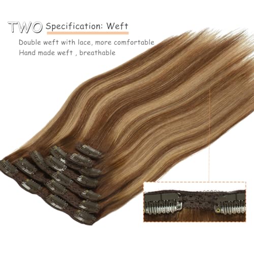 Caliee Hair Extensions Clip in Human Hair Ombre Chocolate Brown #4 to Chocolate Brown #4 and Caramel Blonde #27 with Lace Straight Real Human hair, 120g, 7Pcs 14 inch - Image 4
