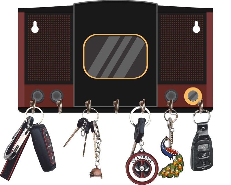 Webelkart Premium HD UV Printed Retro Speaker Shaped Keys Wooden Key Holder (12 Inch x 7 Inch, Wood, Multicolor)- 7 Hooks - Image 2