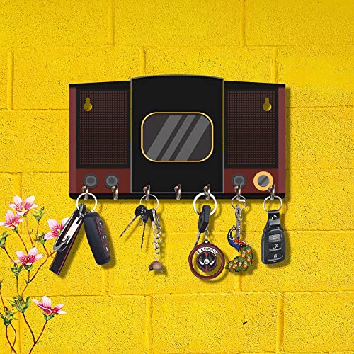 Webelkart Premium HD UV Printed Retro Speaker Shaped Keys Wooden Key Holder (12 Inch x 7 Inch, Wood, Multicolor)- 7 Hooks - Image 1