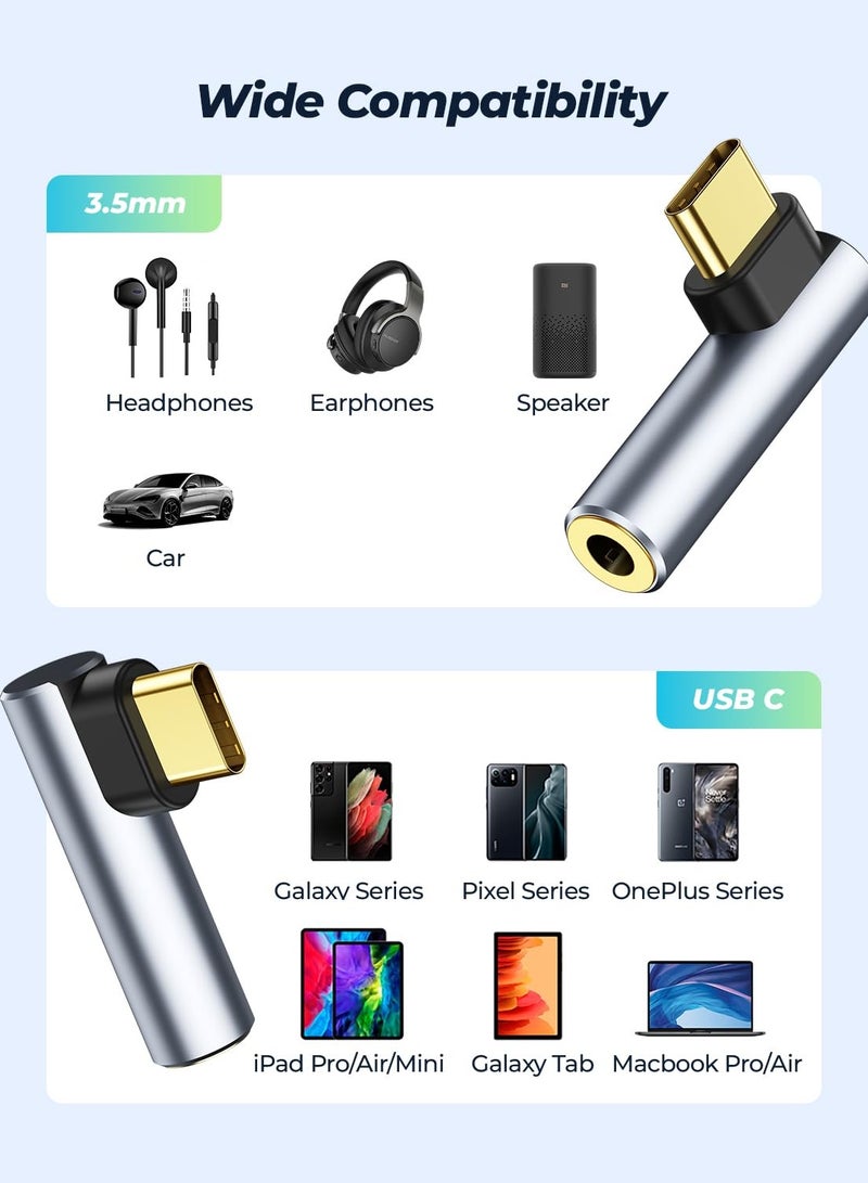 KASTWAVE 2 Pack USB C to 3.5mm Audio Adapter Type C Aux Headphone Jack DAC Stereo Mic HiFi Right Angle Dongle For iPad Pro Air 5 4, Pixel 7 Pro, Galaxy S23 S23+ S23 Ultra S22 S21 S20 - Image 2