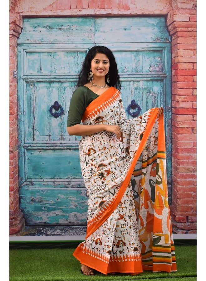 Kiaaron Women's Hand Block Kalamkari Batik Bagru Jaipuri Ikat Printed Handloom Pure Cotton Mulmul Traditional Ethnic Cotton Sarees With Printed Blouse Piece - Orange - Image 3