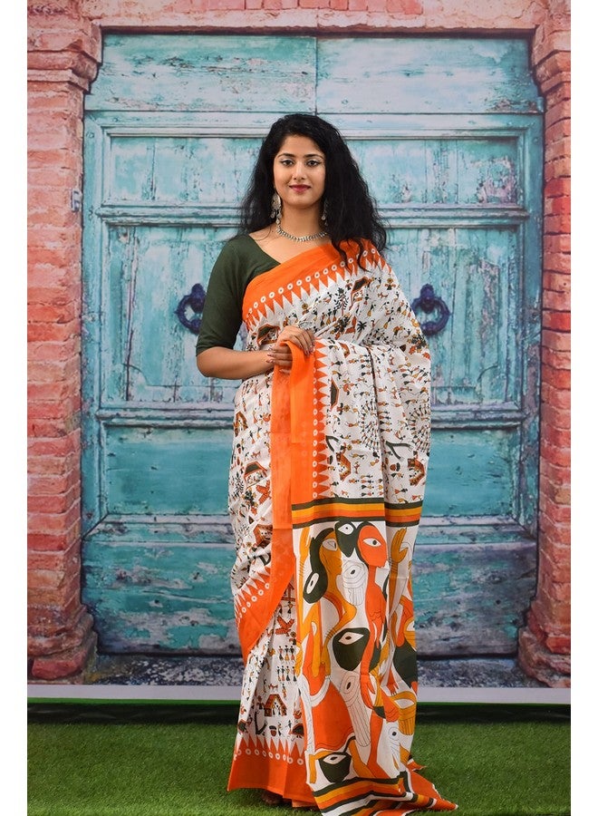 Kiaaron Women's Hand Block Kalamkari Batik Bagru Jaipuri Ikat Printed Handloom Pure Cotton Mulmul Traditional Ethnic Cotton Sarees With Printed Blouse Piece - Orange - Image 2