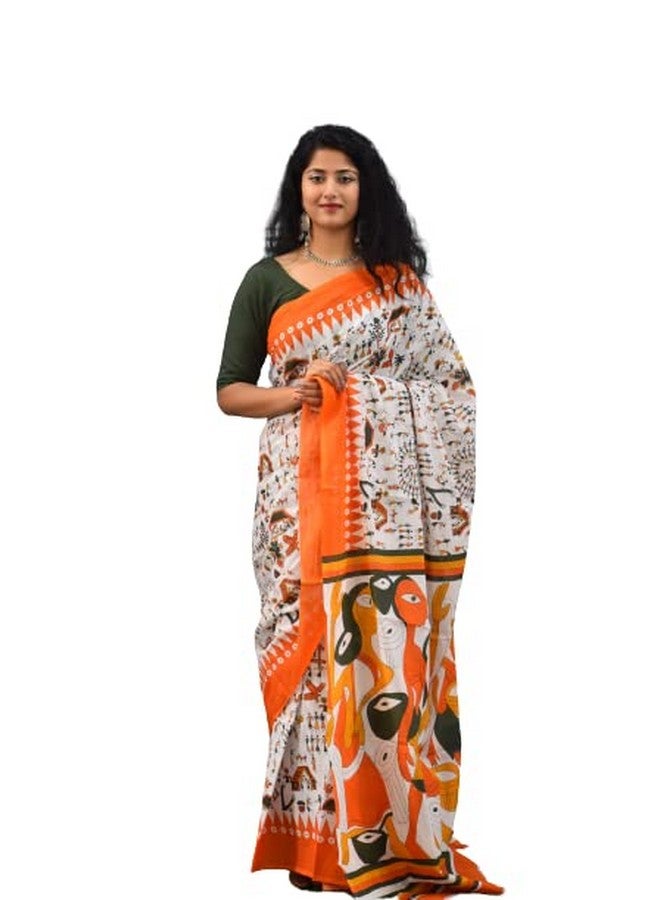 Kiaaron Women's Hand Block Kalamkari Batik Bagru Jaipuri Ikat Printed Handloom Pure Cotton Mulmul Traditional Ethnic Cotton Sarees With Printed Blouse Piece - Orange - Image 1